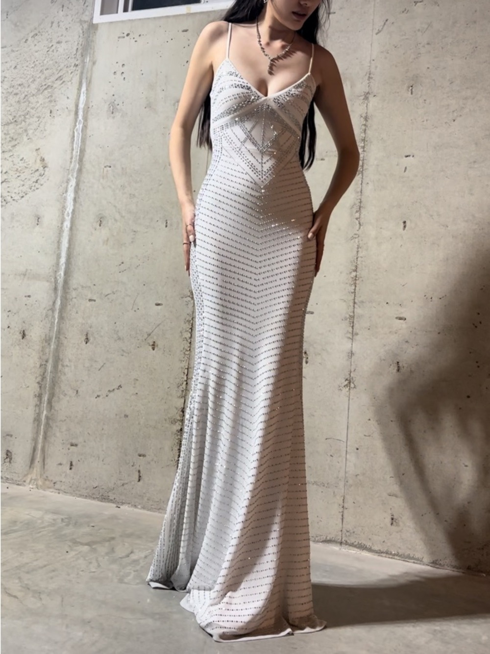 Windsor White Beaded Spaghetti-Strap Maxi Gown